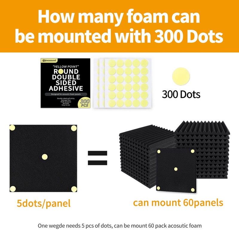 Focusound 300 Pack Yellow Point Double-Sided Adhesive Dots for Acoustic