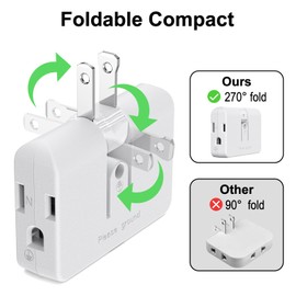 ETwinCoo 2-Prong/3-Prong Swivel Adapter, Polarized Grounding Converter with Flat Wall Plug, Fireproof 3-Outlet for Home Use (2 Pack)
