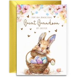 Great Grandson Easter Card - Bunny with Easter Eggs Design - A5 Size with Gold Envelope
