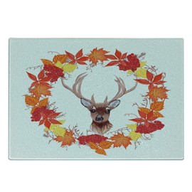 Ambesonne Fall Cutting Board, Reindeer Head in Rounded Floral Wreath Frame Made with Aesthetic Fall Leaves Print, Decorative Tempered Glass Cutting and Serving Board, Small Size, Brown Orange