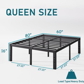Neslime 16 Inch High Metal Queen Bed Frame Platform, Heavy Duty Bed Frame Queen Size, Steel Slat Support, Easy Assembly, Noise Free, Black