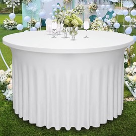 1 Pack 60" Diameter x 30" Height White Round Table Skirt | Fits 5FT Round Tables |Polyester Spandex Round Table Cloths with Skirt|Stain 、Wrinkle Resistant、 for Wedding,Party,Dining,Banquet