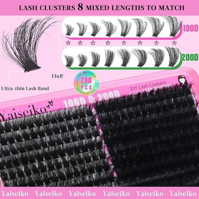 Yai Lash 클러스터 100D+200D 두꺼운 속눈썹 12-25mm Wispy 개별 메가