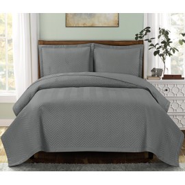 Royal Hotel Bedding Queen Size Chervon Gray Coverlet 3pc Set, Luxury Microfiber Embossed Print Quilted by Royal Hotel
