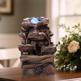 MSEONWXI Tabletop Waterfall Fountain with Glass Ball and Color Changing LED – Indoor Decorative Waterfall for Home & Office, Resin Natural Imitation Design（23064）