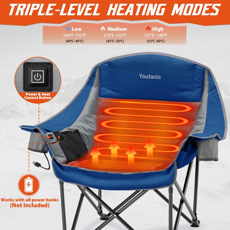 Oversized Extra Large Heated Padded Camping Chair up to 500lbs