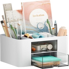 AUMA Desk Organizer with Drawer, Multi-Functional Pencil Holder for Desk, Desk Organisers and Accessories with 5 Compartments + 2 Drawer for Office Art Supplies(white)