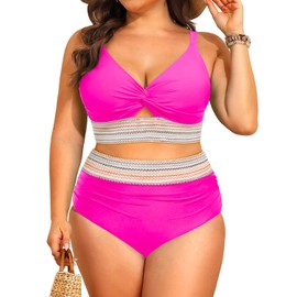 Daci - Trajes de baño de dos piezas de talla grande, bikini de cintura alta para mujer, control de abdomen, traje de baño con nudo y giro 2025, Rosa encendido, 16 Plus