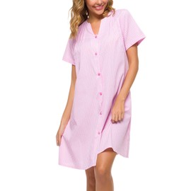 YOZLY House Dress Women Cotton Duster Robe Short Sleeve Housecoat Button Down Nightgown Pink XX-Large