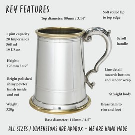 Wentworth Pewter - Wortley Bierkrug aus Zinn und Messing, ca. 350 ml, mit kostenloser Gravur