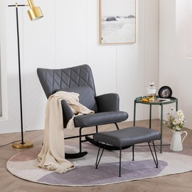 Bonrcea Nursery Rocking Chair, Glider Chair,Rocking Accent Chair with Lumbar Pillow and Ottoman for Nursery/Living Room/Bedroom (Grey)