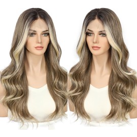 SOMIARIK 13x4 Lace Front Short Wavy Ash Blodne Wigs Ash Blonde with Dark Roots Pre Plucked with Baby Hair Natural Looking 150% Density Heat Resistant Party Date Daily Wear Wig 22 Inch