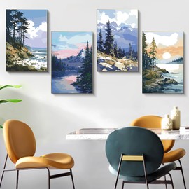 Fountor 4 Pack Framed Paint by Numbers Kit for Adults Beginners with Wooden Easel, DIY Landscape Arts and Crafts for Adults, Painting by Numbers for Home Wall Decor, 8x12 inch