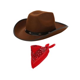 Brown Western Cowboy Hat and Red Bandana for Men, Hen Stag Fancy Dress, Cowgirl Hats, Adult Party Accessories, 56cm