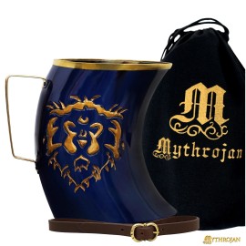 Mythrojan Viking Drinking Horn Tankard Brass Mug with Canvas Bag & Leather Strap - 40 Oz