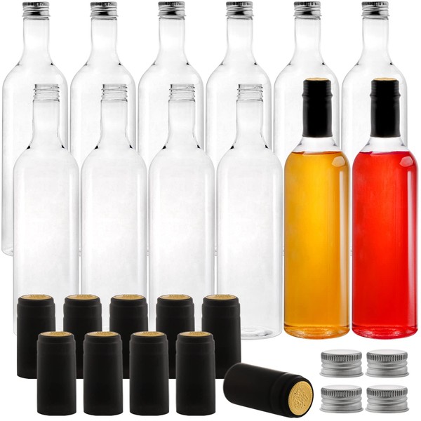 WUWEOT 12 Pack Plastic Wine Bottles Reusable, 750ml Clear Empty Bordeaux-Style Wine Bottles with Screw Lid and Shrink Capsules Caps