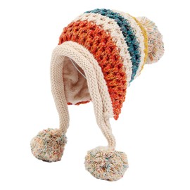 ZLSLZ Womens Winter Warm Knit Colorful Fleece Lining Pom Beanie Hat Cap with Ear Flap Beige