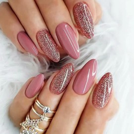 24Pcs Press on Nails Medium Almond,French Tip Fake Nails Medium with Pink Glitter Designs Full Cover Glossy Glue on Nails Thick Acrylic False Nails Medium Almond Cute Stick on Nails for Women Girls W916