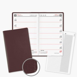 Leather 2025 Pocket Calendar in Bordeaux as Weekly Overview Sundays and Holidays in Red with 8 Page Address Book
