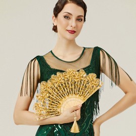 BABEYOND Lace Hand Fan Non-Foldable Vintage Bridal Handheld Fans with Rhinestone and Embroidered for Wedding Decoration Dancing Party (Gold)