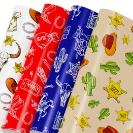 Mpanwen Western Cowboy Wrapping Paper for Boys Kids, 12 Sheets Wild Vest Gift Wrap Cowboys Wrapping Paper for Christmas Birthday Holiday - 20 x 29.5 Inches Per Sheet
