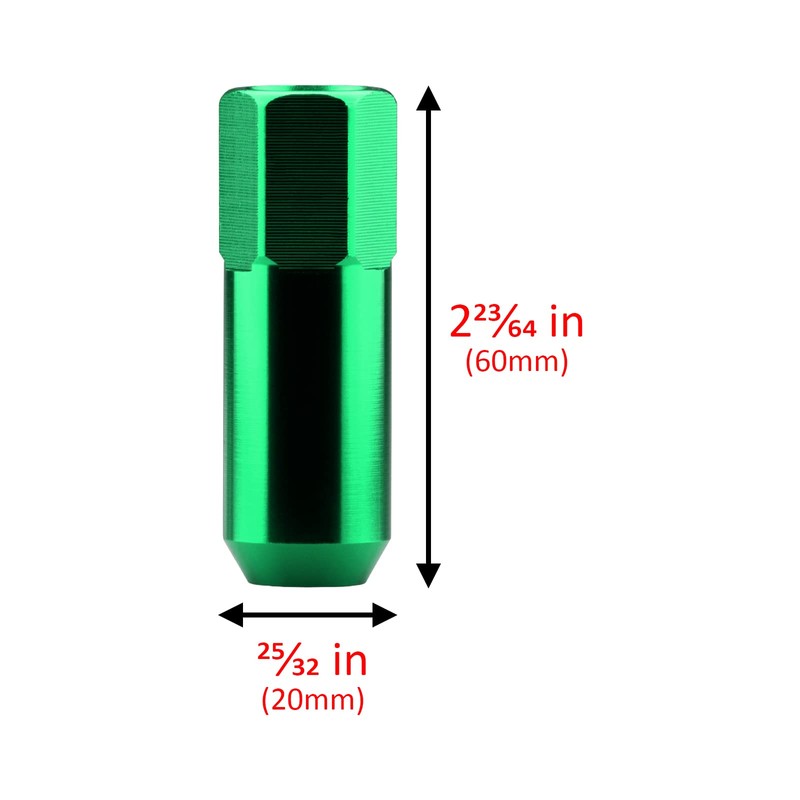 Green 20 PCS M12x1.5 Lug Nuts 60mm Extended Tuner Aluminum