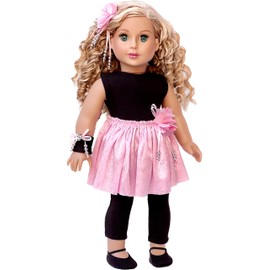 Showtime - 5 Piece Outfit - Black Unitard, Pink Tutu Skirt, Ballet Slippers, Corsage, Hairpiece - Clothes Fits 18 Inch Dolls (Doll Not Included)