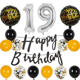 Silver 19th Birthday Decorations Party Supplies-Black Happy 19th Birthday Banner Latex and Confetti Balloons Paper Honeycomb Balls Huge Number 19 Balloons for Girls,Women,Men,Photo Props 19th Birthday
