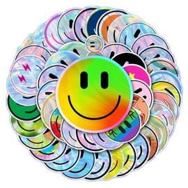 50PCS Smiling Holographic Stickers, Cute Water Bottle Stickers for Kids, for Teaching Rewards, Notebooks, Stationery, Luggage, Cartoon PVC Happy Stickers