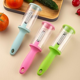 Multi-functional Kitchen Peeler with Storage, Pink, Anti-splash Design for Fruits, Vegetables, Fish Scales, Potato with Integrated Container