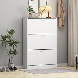 WOODTIME Shoe Storage Cabinet with 3 Flip Drawers, Hidden Narrow Storage Racks for Entryway Hallway Apartment, White (30.6" W x 9.3" D x 47.2" H)