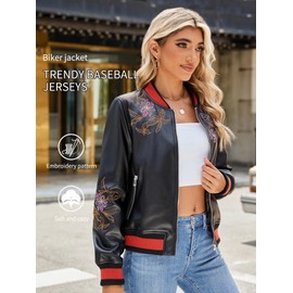 Bellivera Leather Bomber Jackets for Womens Spring Clothes Soft Casual Short Floral Motorcycle Biker Coat W905 Black M