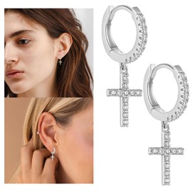 Dangle Cross Hoop Ohrringe Trendy Gold Kreuz Ohrringe für Frauen Kleine CZ Huggie Hoops Dangling Diamant Kreuz Ohrringe (gold) (Silver)