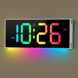 Abovsare 13" Digital Wall Clock Large Display, Alarm Clock with 12 RGB Colors Changing Remote Control, LED Clocks with Night Lights for Living Room Bedroom Office Wall Decor, White(Adapter Include)