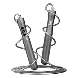 Cuerda de saltar inteligente con contador, visualización LCD, asas de aluminio, cable de acero recubierto de PVC ajustable (118 pulgadas), carga tipo 