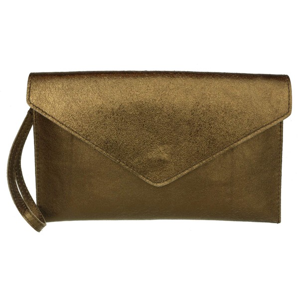 Genuine Leather Italian Metallic Envelope Clutch Bag - Copper