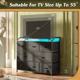 WLIVE Led Dresser for Bedroom, TV Stand for Bedroom with LED Lights and Power Outlet, Wide Chest of Drawers for Hallway, 8 Fabric Drawers for Living Room and Entryway, Charcoal Black Wood Grain Print