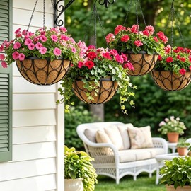 nongcunren 4 Pack 14 Inch Hanging Planters for Outdoor Plants，Large Wire Flower Hanging Basket with Coco Liners for Balconies, Patios, Porch, Terraces Decor