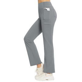 BALEAF Women's Fleece Lined Pants Yoga Pants Warm Thermal Winter High Waisted Straight Leg Leggings with 6 Pockets Dark Grey L