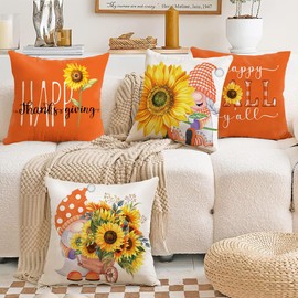 All Smiles Fall Sunflower Throw Pillow Covers 20x20 Set of 4 Orange Autumn Decor Outdoor Thanksgiving Decorative Cushion Cases Home Décor Decorations for Patio Couch Chair Sofa,Gnomes
