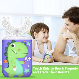 Kids Toothbrush Electric, U Shaped Ultrasonic Automatic Toothbrush with 2 Brush Heads, Six Cleaning Modes, Cartoon Modeling Design for Kids, Special for Birthday Gift (3. Green)