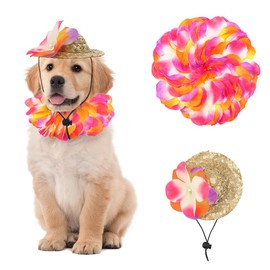Hawaiian Pet Dog Costume,1 Pcs Flower Leis Garland and 1 Pcs Hawaiian Straw Hat Dog Puppy Hawaiian Leis Outfits for Pet Puppy Cat Party Dress-up Cosplay Costume