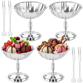 Reallnaive 4 Set Stainless Steel Ice Cream Cup with Forks Silver Lotus Shaped Serving Dessert Bowls 5.4 oz Mini Metal Footed Cup for Pudding Salad Fruit Sundae Summer Birthday Party Supply