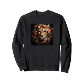 Leopard With Flowers Around Boho Style Graphic Sweatshirt