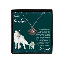 To My Daughter Necklace from Dad, Gifts for Birthday Christmas or Graduation From Father, Crown Necklace Wolf Design from Dad