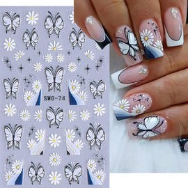 Butterfly Nail Stickers for Nail Art Daisy Flower Nail Decals 5D Embossed Colorful Butterfly Floral Heart Star Design Spring Nail Sliders Manicure Butterfly Stickers for Women Nail Decorations 2PCS