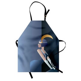 Ambesonne Retro Apron, 20s Style Short Hair Flapper Girl with Pearl Necklace and Hair Band, Unisex Kitchen Bib Apron with Adjustable Neck for Cooking Baking Gardening, Blue Grey and Dark Blue