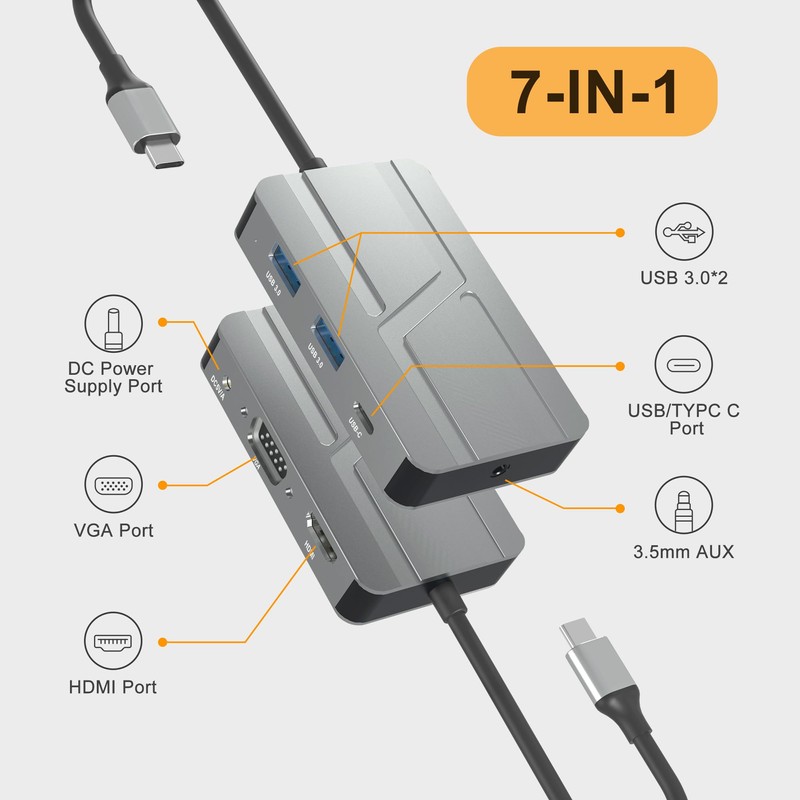 USB C Hub with 4K HDMI VGA USB3.0 3.5mm Audio