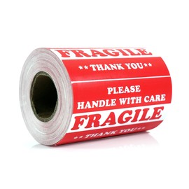 500 Labels 3" x 5" Fragile - Handle With Care Label Sticker Red Semi Gloss (1 Roll)