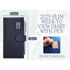 BESTUS - 2025 Slim Diary with Pen, Week to View, Hardback Cover, Portable & Ideal for Weekly Planning Pen Holder with Stud Close - Black